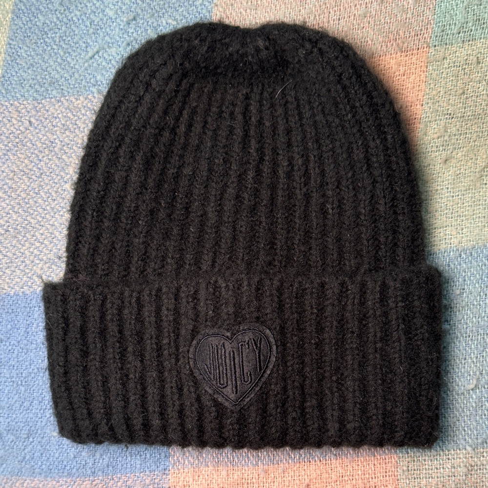 Juicy Couture Black Ribbed Heart Logo Beanie | Soft Knit | OS